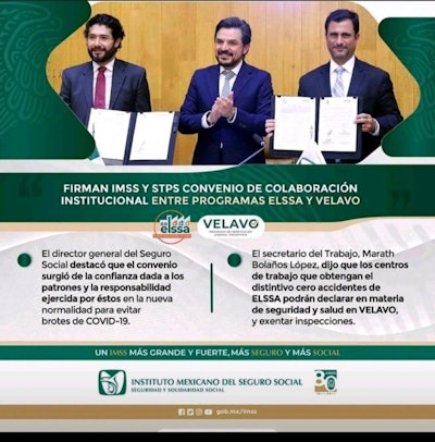 Three men hold up official documents.