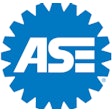 The blue-and-white ASE logo that's shaped like a gear.