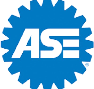 The blue-and-white ASE logo that's shaped like a gear.
