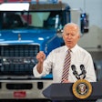 President Joe Biden speaking at a Mack Trucks facility