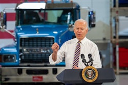 President Joe Biden speaking at a Mack Trucks facility