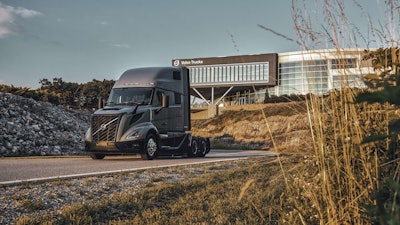 Volvo's new VNL parked in front of its headquarters
