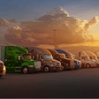 Line of trucks at dusk