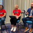 From left: Fullbay's Louis Barrales and Mary Cory, and Cody Yanchak from Worldpay, speak during Fullbay's Diesel Connect conference Tuesday in Phoenix.