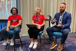 From left: Fullbay's Louis Barrales and Mary Cory, and Cody Yanchak from Worldpay, speak during Fullbay's Diesel Connect conference Tuesday in Phoenix.