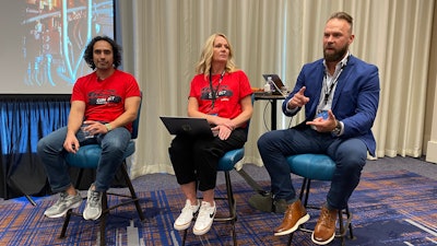 From left: Fullbay's Louis Barrales and Mary Cory, and Cody Yanchak from Worldpay, speak during Fullbay's Diesel Connect conference Tuesday in Phoenix.