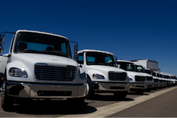 Line of white used trucks in a parking lot