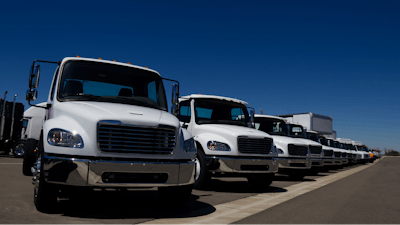 Line of white used trucks in a parking lot