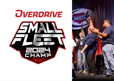 Small Fleet Championship logo and Bill Barhite with fist raised upon winning the award, ultimately