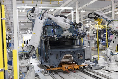 Robots assemble a truck at Volvo's New River Valley assembly plant.