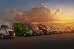 Line of trucks at dusk