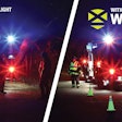 Two images showing a work site at night with and without Grote WorkShield lights.