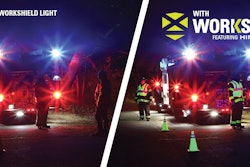 Two images showing a work site at night with and without Grote WorkShield lights.