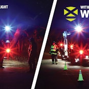 Two images showing a work site at night with and without Grote WorkShield lights.