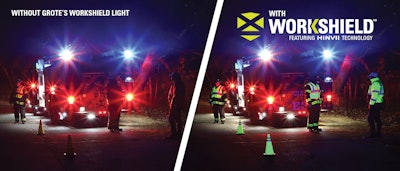 Two images showing a work site at night with and without Grote WorkShield lights.