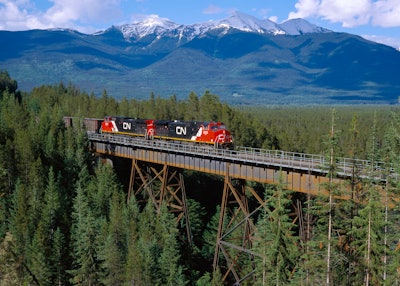 A train crosses a bridge with snow-covered mountains in the background.