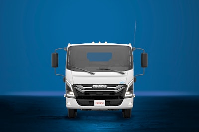 An Isuzu electric truck on a blue background.