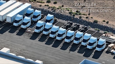 Tesla Semis parked outside of Gigafactory