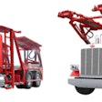 A red Peterbilt 567 and red Peterbilt 589 configured for car hauling.