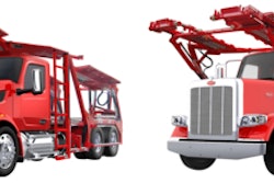 A red Peterbilt 567 and red Peterbilt 589 configured for car hauling.