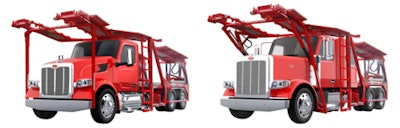 A red Peterbilt 567 and red Peterbilt 589 configured for car hauling.