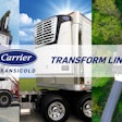 A photo of several refrigeration units and the Carrier Transicold Transform Line logo