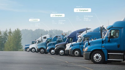 A line of trucks showing Geotab's emissions solution