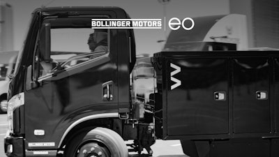 A Bollinger B4 truck with the Bollinger logo and the EO Charging logo