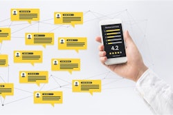 Text bubbles with reviews and a hand holding a smartphone with a 4.2 star rating.