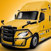 A yellow Freightliner Cascadia with an Ex-Guard protection guard.