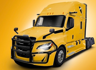 A yellow Freightliner Cascadia with an Ex-Guard protection guard.