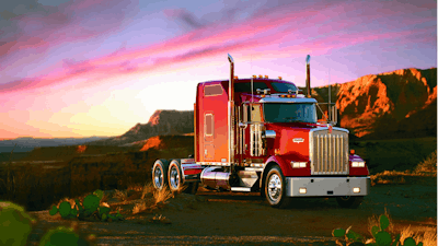 Kenworth W900L in the mountains at dusk
