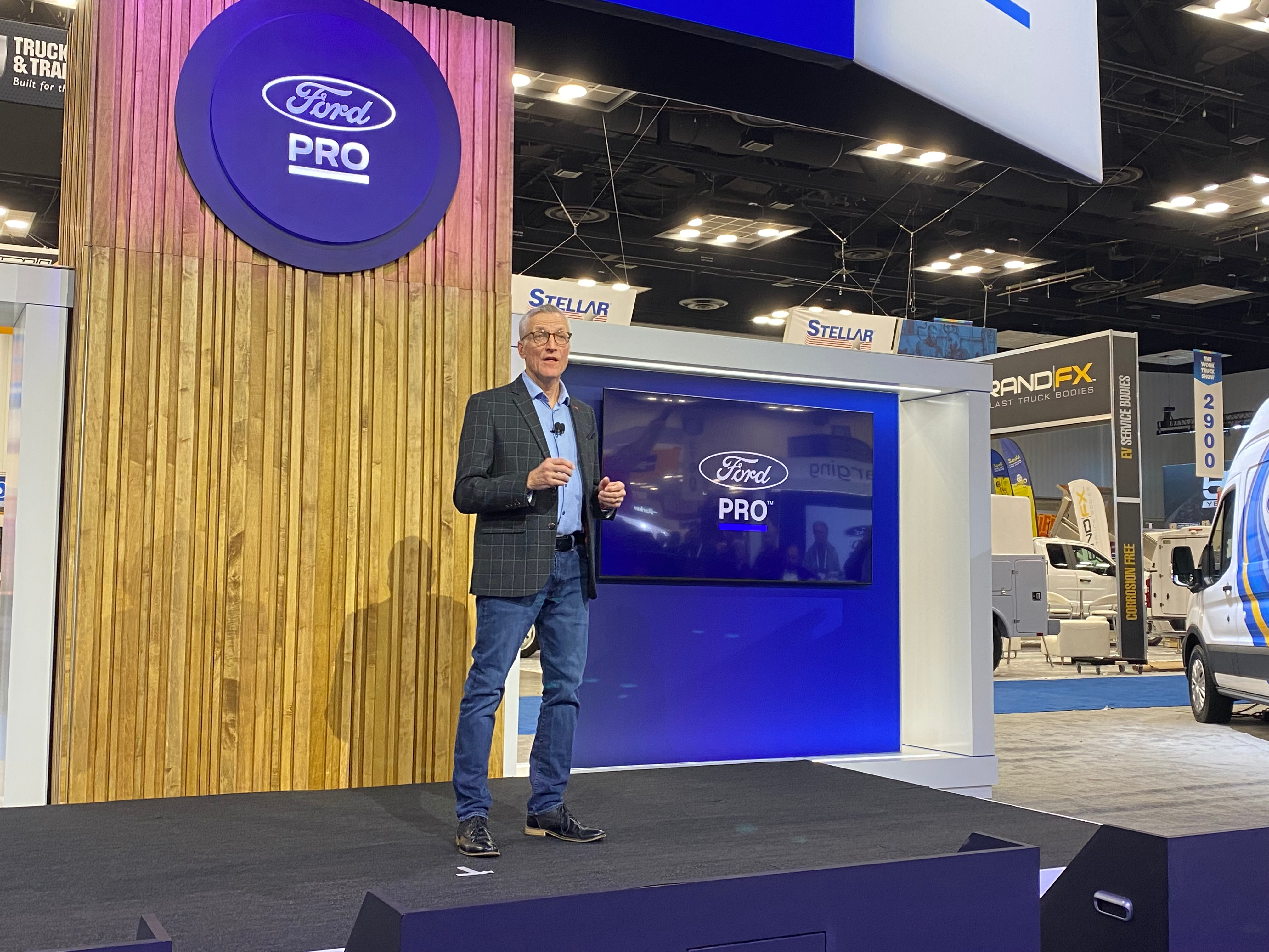 Ford Pro Integrated Services Chief Revenue Officer Dave Prusinski speaks during a press conference Tuesday at the Work Truck Show in Indianapolis.