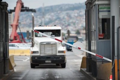 A truck waits at a border crossing