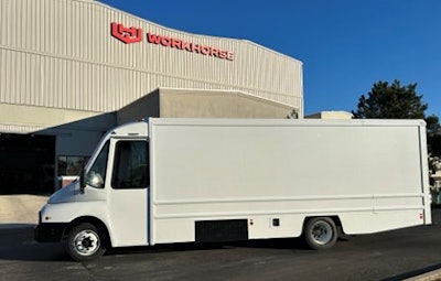 A long wheel-base Workhorse W56 step van.