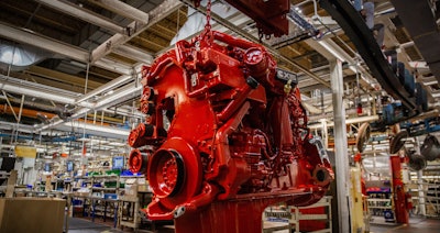 An engine on an assembly line