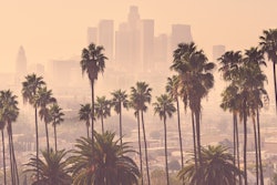 Los Angeles distance view with smog and palm trees