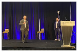 HDA Truck Pride's Clint Carter (left) and Bryan Funke showcase opportunities for distributor and vendor attendees to strengthen their operations during the organization's Annual Meeting Wednesday in National Harbor, Md.