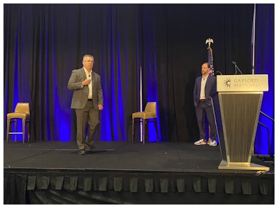 HDA Truck Pride's Clint Carter (left) and Bryan Funke showcase opportunities for distributor and vendor attendees to strengthen their operations during the organization's Annual Meeting Wednesday in National Harbor, Md.