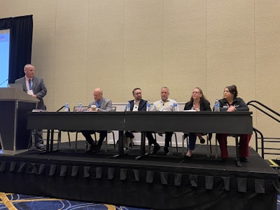 From left: Martin Redilla, HDA Truck Pride; Jeff Baker, Vander Haag's; Jay Goninen, WrenchWay; Blain Johnson, T3 Recruiters; Susan Gard, Blaine Brothers; and Lauren Reinhold, UNOH; speak on employee recruitment and retention during the HDA Truck Pride Annual Meeting Wednesday in National Harbor, Md.