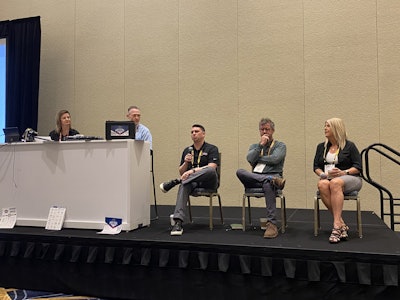 From left: Wendy Sorquist, Blaine Brothers; Tim Shaw, Potter Webster; Brad Watkins, Local and Qualified; Kevin O'Sullivan, ProKeep; and Julie Shaw, Pin-up Marketing; participate in a panel discussion on online marketing during the HDA Truck Pride Annual Meeting in National Harbor, Md.
