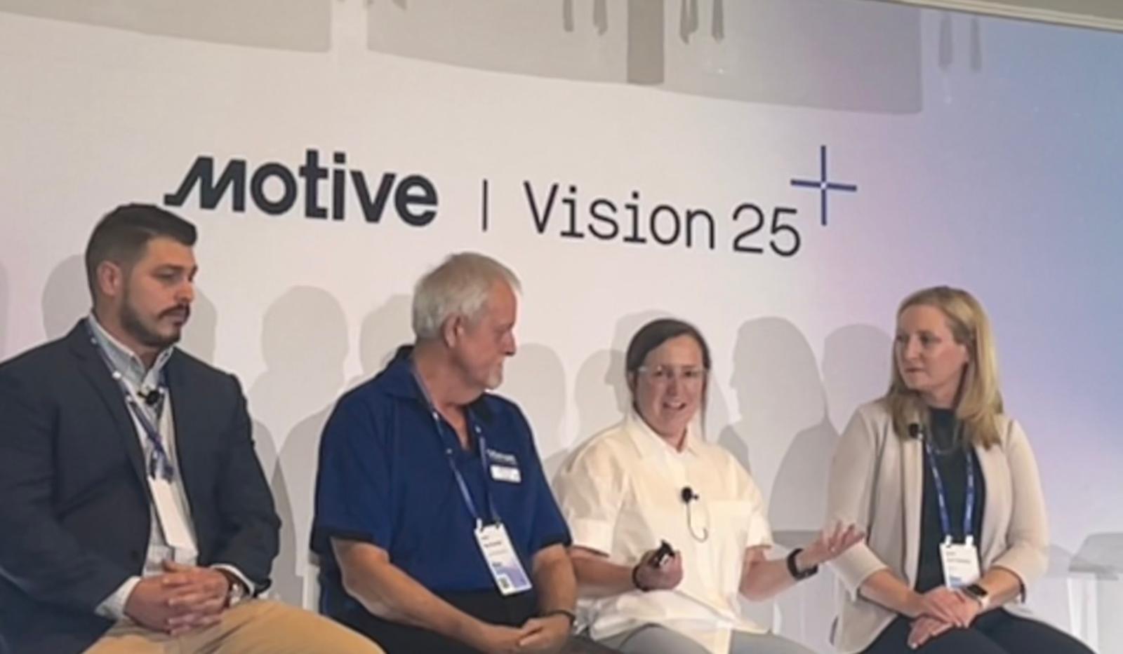 Daniel Patterson, director of safety, Western Express, Robert Fountain, field training and safety manager, Gemaire Distributors, Julie Vasquez, product marketing lead, Motive, and Mary Shepherd, group product manager, Motive, discussed best practices on securing driver buy-in at Motive's Vision 25 summit, held in Austin.