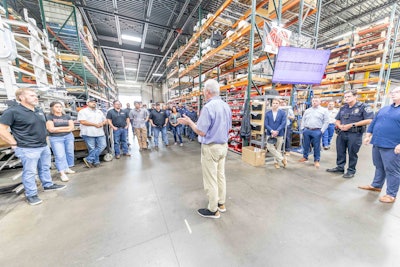 Representative Tom Emmer (R-Minn.) speaks to the workforce at Blaine Brothers' facility in Blaine, Minn.