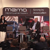 Maryam Khan Meurer, founder and CEO at Axle Mobility, and Bill Currence, founder and managing partner at Cornerstone Consulting, speaking on artificial intelligence at MEMA's Commercial Vehicle Outlook Conference Tuesday in Pontiac, Mich.