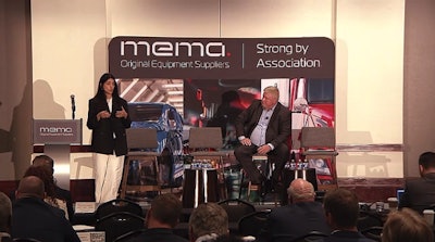 Maryam Khan Meurer, founder and CEO at Axle Mobility, and Bill Currence, founder and managing partner at Cornerstone Consulting, speaking on artificial intelligence at MEMA's Commercial Vehicle Outlook Conference Tuesday in Pontiac, Mich.