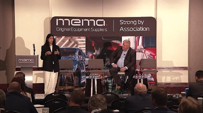 Maryam Khan Meurer, founder and CEO at Axle Mobility, and Bill Currence, founder and managing partner at Cornerstone Consulting, speaking on artificial intelligence at MEMA's Commercial Vehicle Outlook Conference Tuesday in Pontiac, Mich.