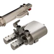 Two metallic industrial mechanical components with complex cylindrical and angular design