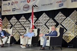 Kevin Jones, left, editor in chief of Trailer/Body Builders Magazine, moderates a panel at the National Trailer Dealers Association (NTDA) Convention with Timothy Lynch, center, senior director at Morgan, Lewis & Brockius LLP; and Ken Vieth, president and senior analyst at ACT Research.