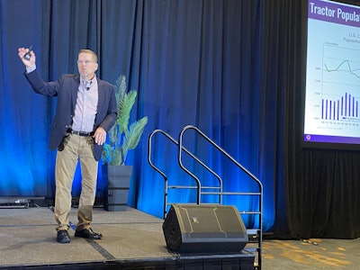 ACT Research Vice President Steve Tam speaks about the trucking economy during the 2025 Used Truck Association (UTA) Convention Friday in San Diego.