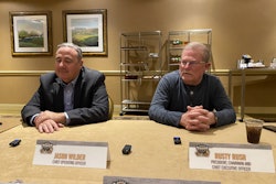 Rush Enterprises executives Jason Wilder, COO, and Rusty Rush, president, chairman and CEO, speak during a press conference Tuesday at the 2025 Rush Tech Skills Rodeo in Nashville.